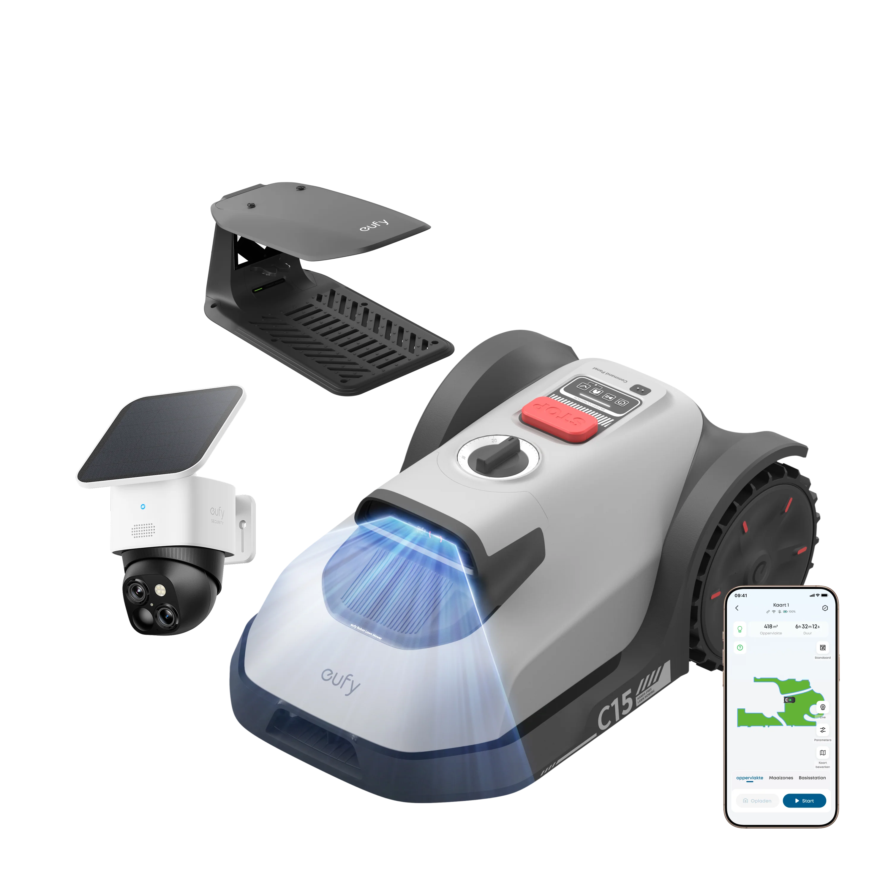 eufy Robotgrasmaaier C15 met Regenkap met SoloCam S340 2K PTZ Camera